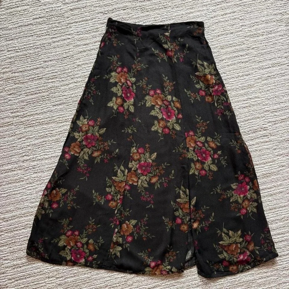 90s black midi skirt floral dark grunge whimsigoth vintage tapestry women's L - Picture 2 of 8